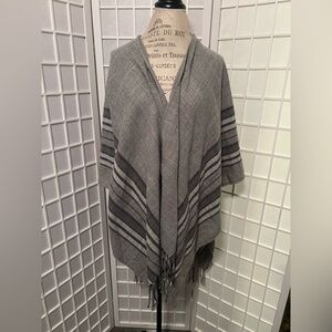 Roots Gray Striped Fringe Shawl Wrap